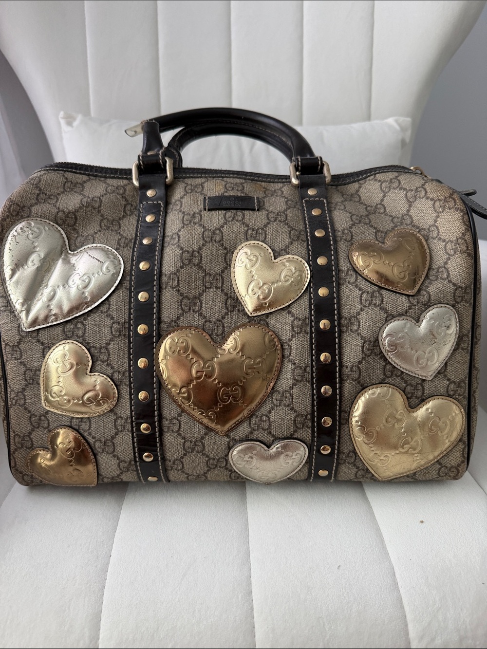 Gucci Beige GG Canvas Duffel with Gold & Silver Heart Patches